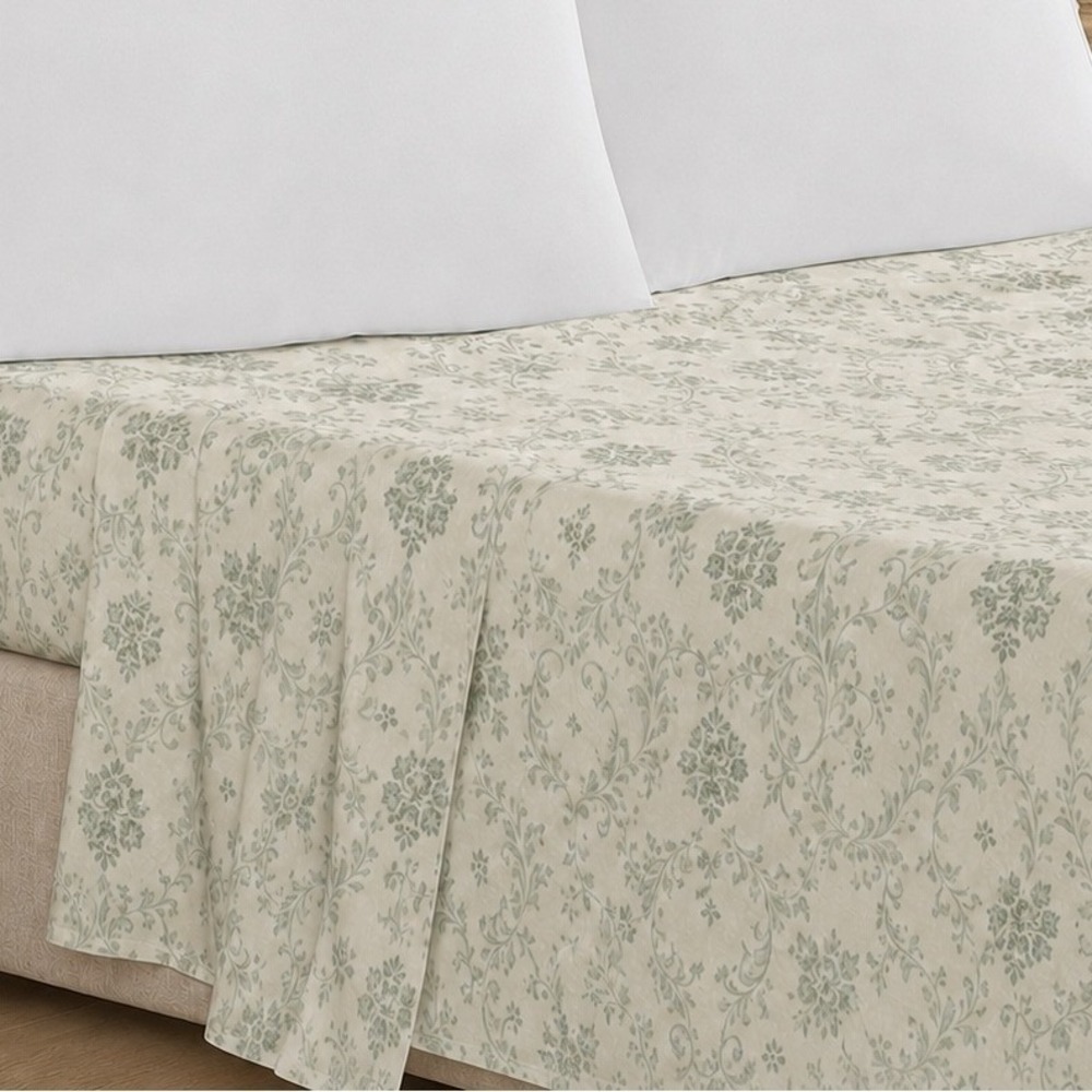 Laura Ashley Cottage Queen Sheet Set 100% Cotton Floral Damask Sage Green White